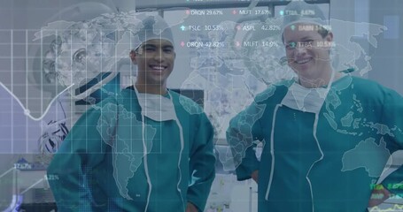 Poster - World-map hologram rising over OR while two surgeons lowering masks and tracking health data