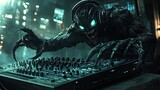 Monster dj in dark futuristic club