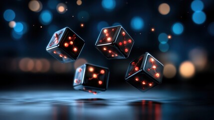 Wall Mural - Floating Dice with Glowing Dots Against a Soft Blue Background