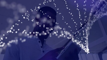 Poster - Male professional tapping tablet screen and generating glowing particle network visualizing data