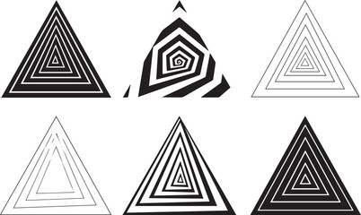Poster - Six abstract geometric triangle patterns with black and white stripes and outlines creating a sense of depth and optical illusion on a white background