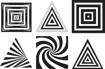 Poster - A collection of six abstract geometric optical illusion designs featuring black and white stripes and concentric shapes creating a sense of depth and movement on a white background