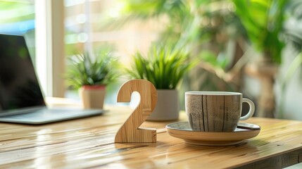 Poster - Wooden number 2 resting on a modern desk next to a laptop and coffee mug in a bright office