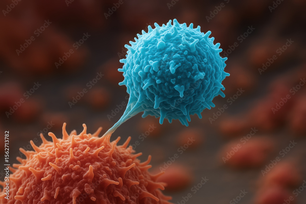 T cell attacking cancer cell in microscopic view showing immune ...