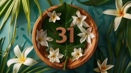 Poster - Wooden number 31 among water lilies and palm leaves floating in a bowl