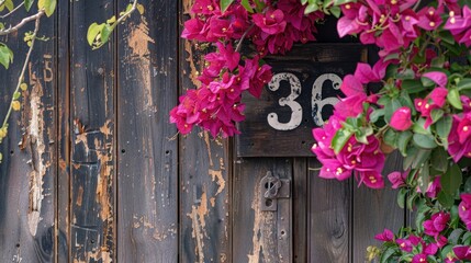 Poster - Wooden number 36 with fuchsia bougainvillea cascading beside it