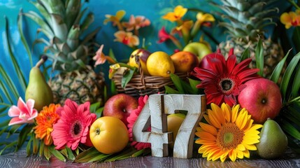 Poster - Wooden number 47 beside a basket of fruit and bright jungle flowers
