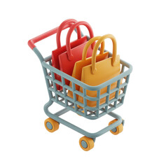 Fototapete - Stylized 3d rendering of a shopping cart filled with red and yellow shopping bags isolated on transparent background