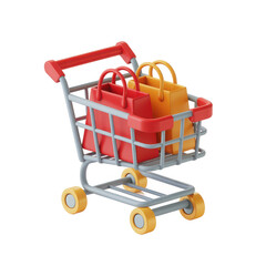 Fototapete - Stylized 3d rendering of a miniature shopping cart filled with two colorful shopping bags isolated on transparent background