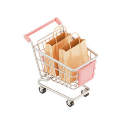 Fototapete - A charming pink and silver shopping cart filled with three light brown paper shopping bags isolated on transparent background