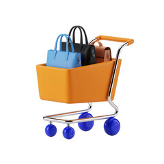 Fototapete - Bright orange shopping cart filled with stylish blue black and brown handbags isolated on transparent background