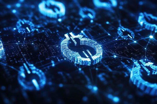 Abstract digital graphic of dollar signs on a circuit board.  Blue glowing, 3D rendered dollar symbols are interconnected with a network of circuitry.  Complex, intricate design