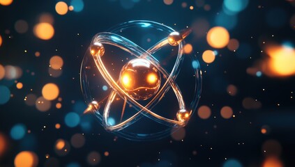Fototapete - Abstract atom graphic, vibrant golden core, crystalline structure, surrounded by glowing translucent lines, in dark backdrop of bokeh