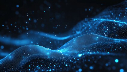 Fototapete - Abstract digital landscape of undulating blue particles