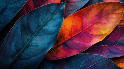 A colorful, abstract image of a leaf with vibrant colors and intricate textures.
