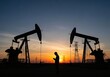 © fian - An oil field worker is conducting tasks, possibly monitoring production, in the oil field at sunset.