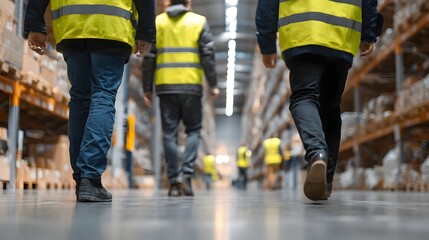 Poster - A group of warehouse employees wearing yellow safety vests are walking together down an aisle lined with shelves and stacked boxes in a large industrial distribution facility