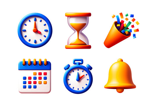 Collection of six 3 D rendered icons including clocks hourglass calendar confetti popper and bell isolated on a transparent background