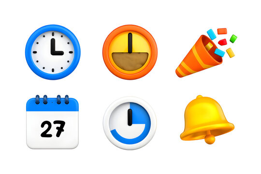Collection of six 3 D rendered icons including clocks calendar confetti popper and bell isolated on a transparent background