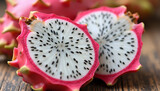 Sliced dragon fruit (pitaya) showing its vibrant white flesh and black seeds. Represents tropical fruit, healthy eating, or exotic produce. Unique and colorful.

