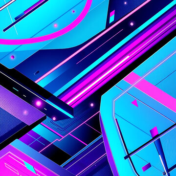 Abstract Geometric Composition with Cyan Purple and Neon Accents.
