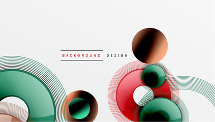 Poster - Abstract design features overlapping circles, curved lines. Colors include red, green, black, white. Modern aesthetic, simple composition.