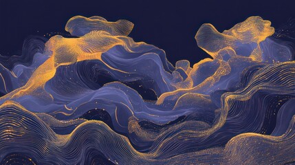 Poster - Abstract Blue and Gold Digital Art with Flowing Lines on Dark Background