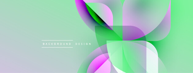 Poster - Abstract design features overlapping translucent shapes. Soft green, purple hues create modern visual effect. Minimal text present.