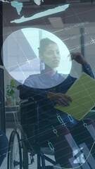 Poster - Animation of statistics processing over businesswoman in wheelchair and business colleagues