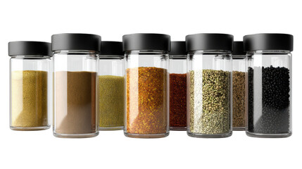 Set of spice jars containing various colorful spices, isolated on white background.