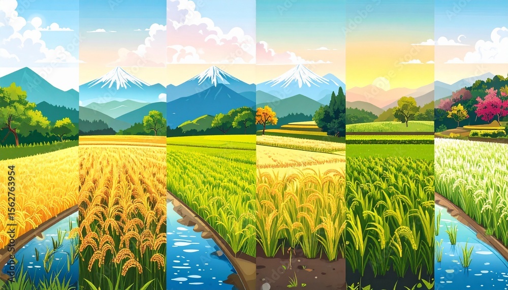 Planting Rice Icon Illustrative image of rice plants at different growth stages, from ...