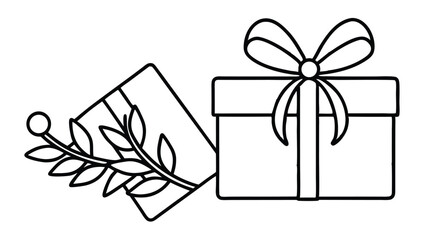 Poster - a gift box with a bow, a card, and a sprig of leaves in black and white outline