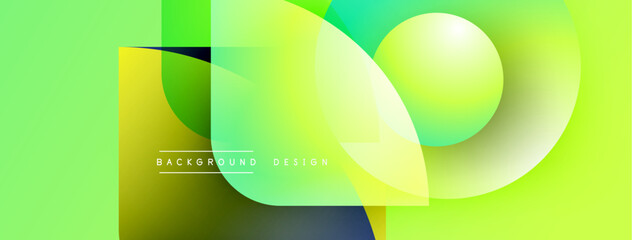 Poster - Abstract vibrant design features overlapping rounded squares, gradients. Light green dominates background, creating modern aesthetic. Text reads background design.