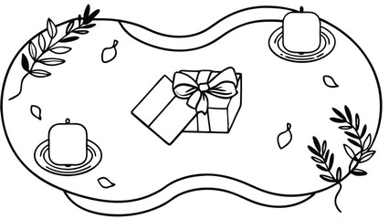 Poster - Outlined a gift box, two candles, leaves and petals on a decorative plate design