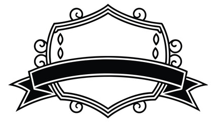 Poster - Decorative shield with banner scroll and ornate flourishes in a black and white design element