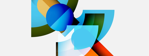 Poster - Abstract geometric shapes overlap, creating vibrant color blends. Composition features blues, greens, oranges, reds, white background.