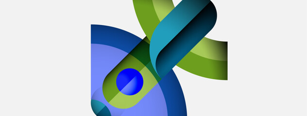 Poster - Abstract design features flowing ribbons, blue sphere. Green, teal hues dominate composition. Modern, dynamic visual element.
