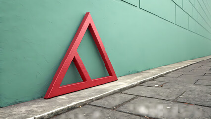 Poster - Red triangle abstract shape design leaning against green wall for creative background and modern art concept