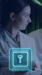 Poster - Animation of digital padlock over diverse woman and man working in server room