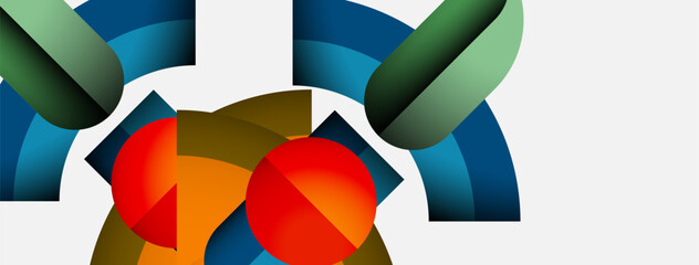 Poster - Abstract geometric shapes overlap. Red, orange, blue, green hues dominate composition. Modern design, clean lines present visual interest.
