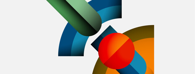 Poster - Abstract geometric shapes overlap, creating vibrant color combinations. Composition features curves, circles, lines, plus negative space.