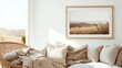 © Money - Beige, rustic-style living room with framed landscape art