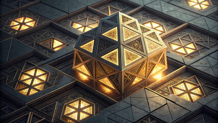 Poster - Abstract geometric art design with golden triangles and intricate patterns for modern background designs
