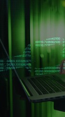 Poster - Animation of chain and data processing over male it engineer using laptop by computer servers