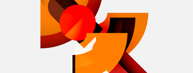 Poster - Abstract geometric shapes, warm colors dominate composition. Orange, red hues create dynamic visual impact. Minimalist design.