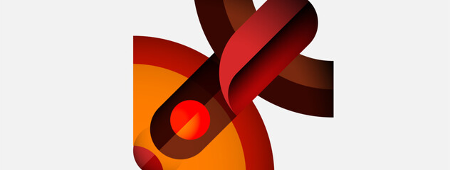 Poster - Abstract design features curved ribbons, warm colors, red sphere. Modern aesthetic, simple composition, dynamic shapes present.