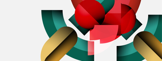 Poster - Abstract geometric shapes overlap, creating vibrant red, gold, teal composition. Minimalist design, modern aesthetic. Clean lines, simple forms.