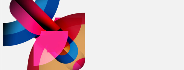 Poster - Abstract shapes overlap, creating vibrant color blends. Pink, blue, red, beige tones dominate composition. Modern design, simple background.