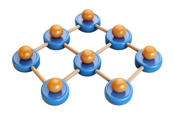 Abstract network structure with orange spheres and blue nodes isolated on transparent background