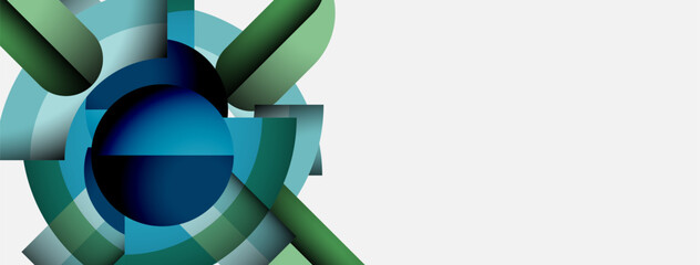 Poster - Abstract geometric shapes, blue, green hues. Circular design dominates left side, white space right. Modern, clean aesthetic.